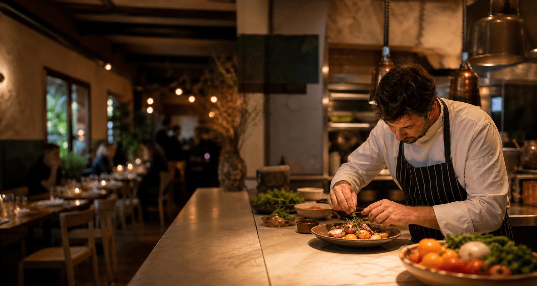 Chef preparando un plato en un restaurante para una estrategia de marketing gastronómico