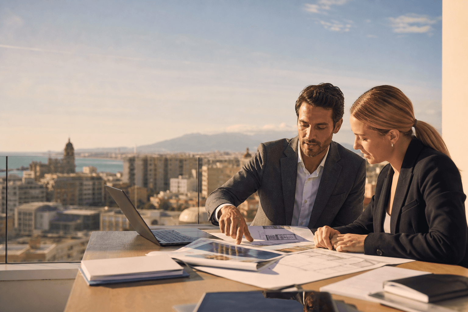 Reunión estratégica de una agencia de marketing inmobiliario en Málaga