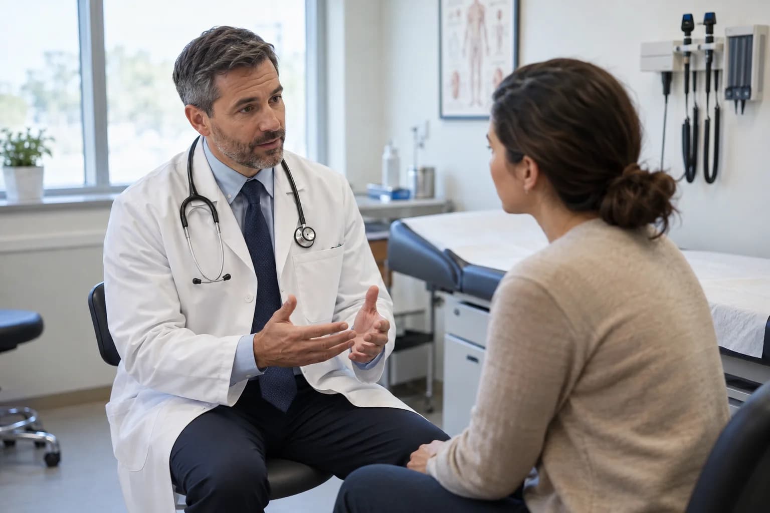 Profesional médico conversando con un paciente en consulta