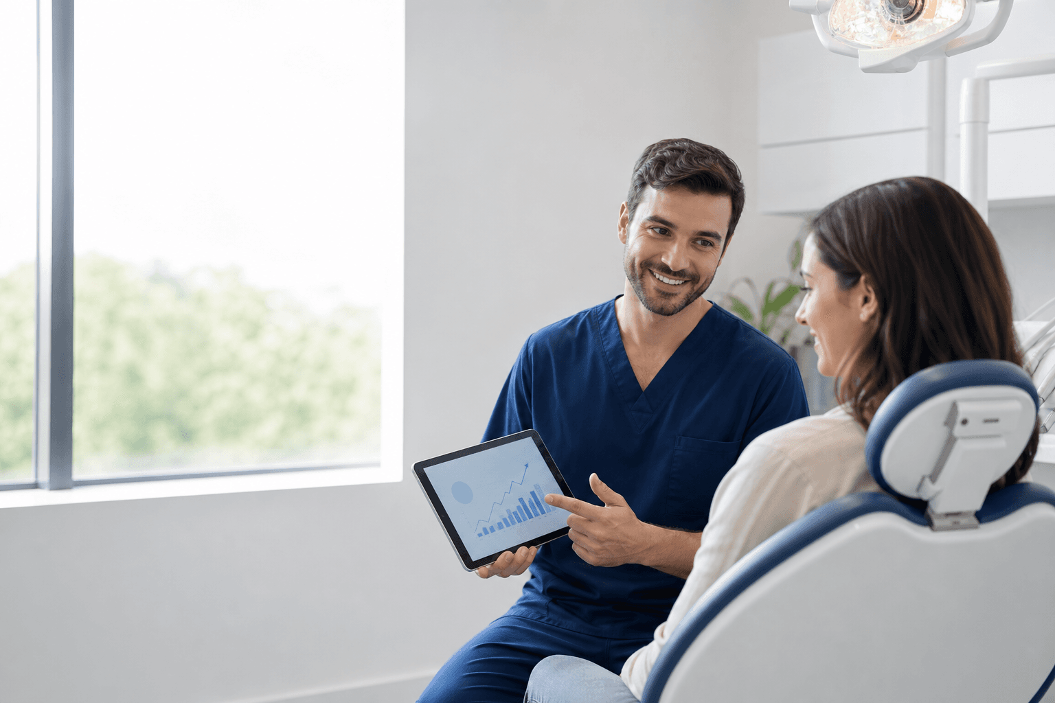 Dentista explicando el crecimiento de una clínica dental a una paciente