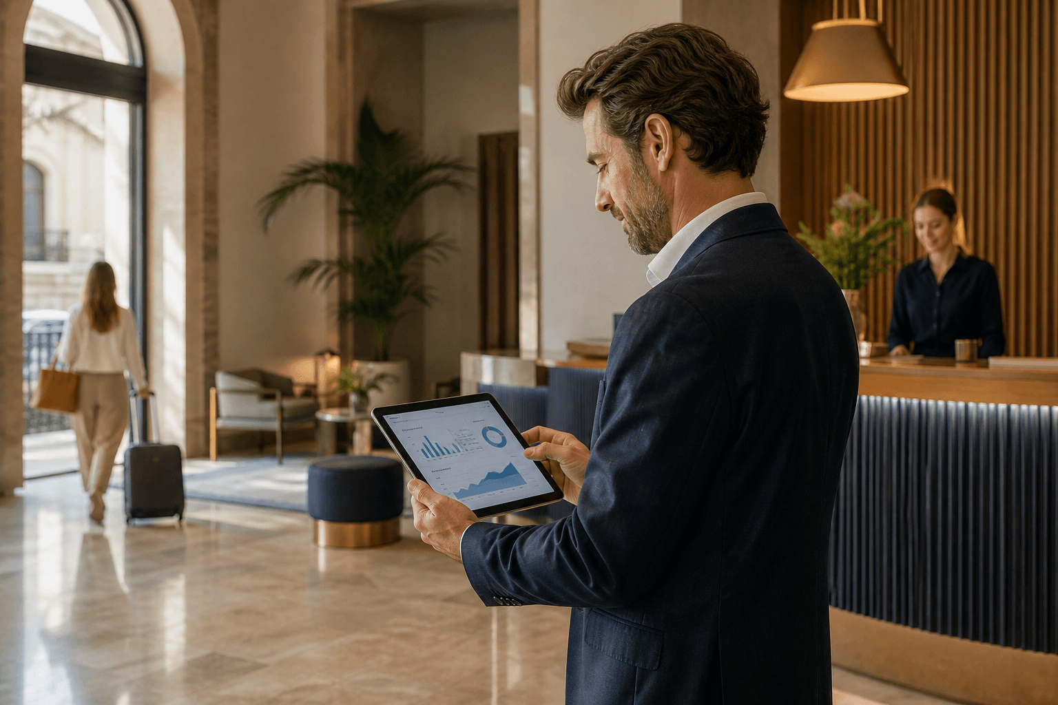 Director de hotel analizando reservas en el vestíbulo de un hotel boutique