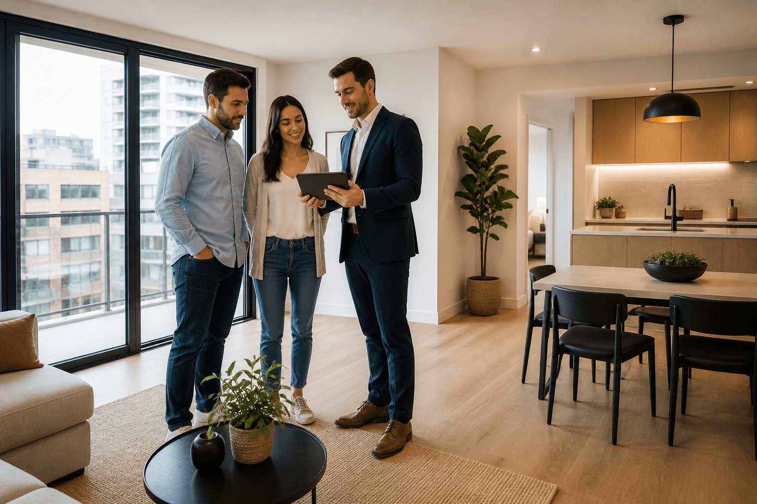 Agente inmobiliario mostrando una vivienda a una pareja