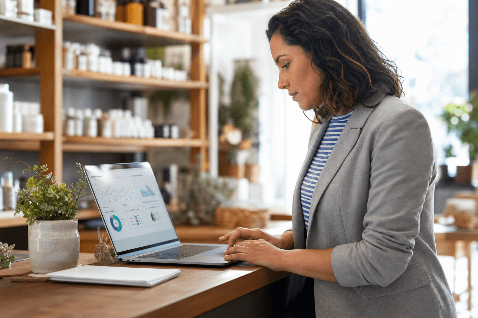 Propietaria de una pyme revisando pedidos y marketing digital en su negocio