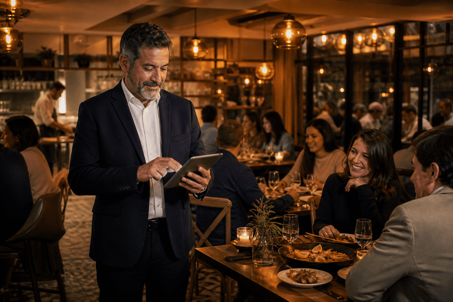Restaurante en servicio con responsable revisando reservas digitales